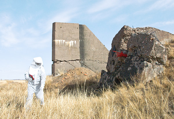 bioism creatures exposed to radioactive isotopes emitting alpha, beta and gamma radiation at the surface of the melted concrete contaminated with plutonium, strontium and americium particles at the nuclear test site of Semipalatinsk; exploring biological and mental health effects